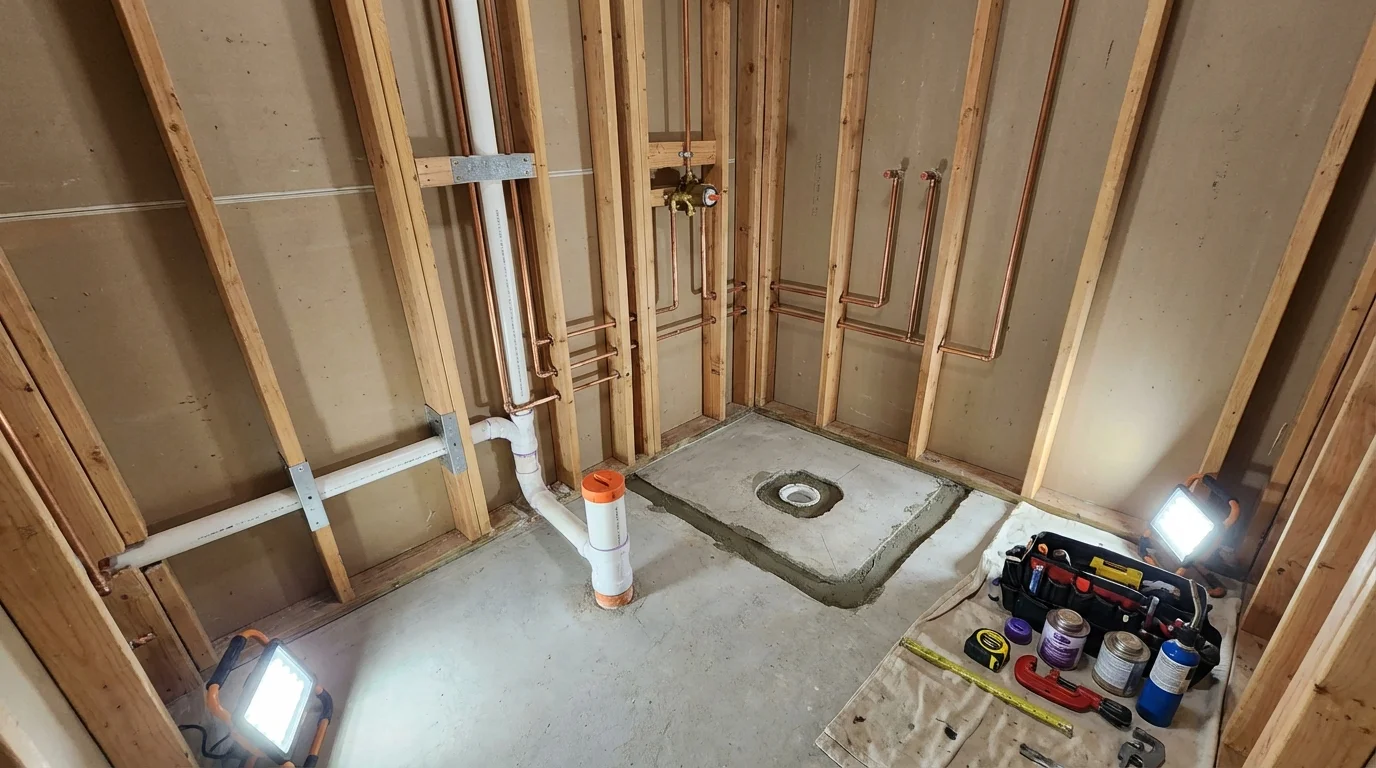 Bathroom rough-in plumbing during remodel by Johns Plumbing LLC in Shallowater