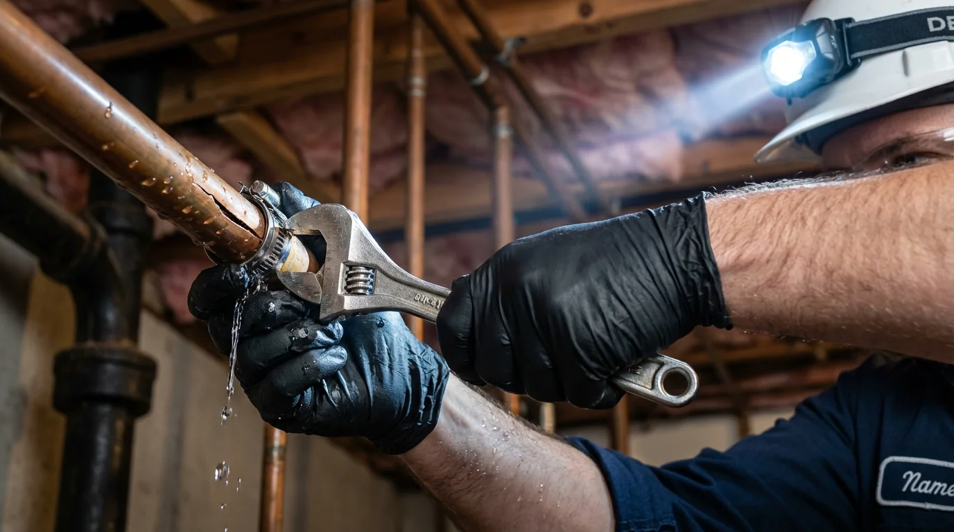 Emergency pipe clamp repair being performed by a Johns Plumbing LLC plumber in Shallowater