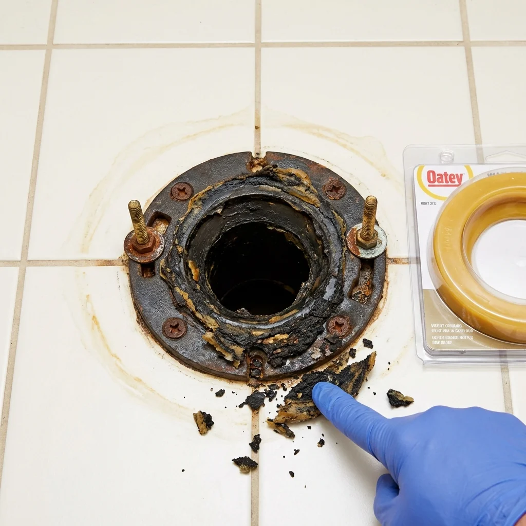 Failed wax ring showing water seepage at the base of a toilet in a Shallowater, TX home