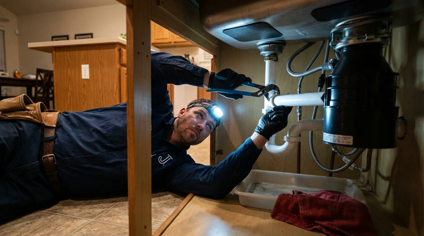 P-trap and supply line connections under a kitchen sink showing a common leak point in Shallowater, TX